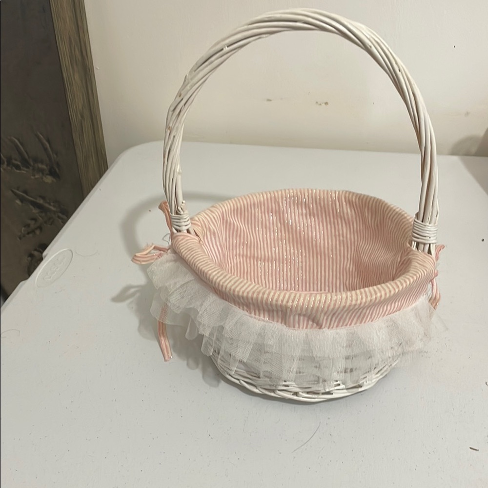 White and Pink Wicker Basket with Tulle Trim